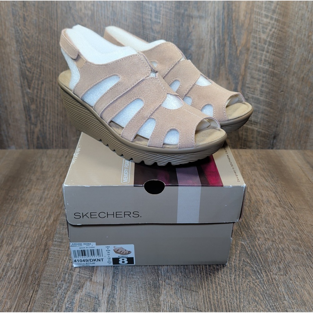 Skechers Dark Natural Suede Stylin Peep-toe Slingback Wedge Sandals Women's Sz 8